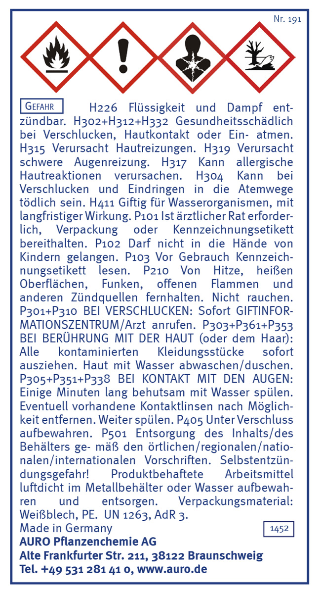 Gefahrengutkennzeichnung, Nr. 191